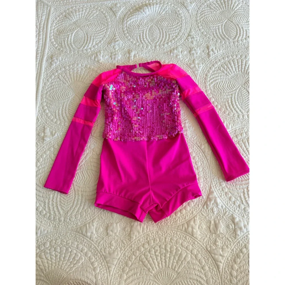 Weissman Little Girls Dance Recital Shorts Leotard Hot Neon Pink Sequins XSC